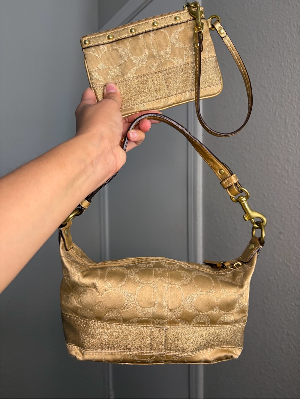 Coach Metallic Gold Signature Small Hobo Baguette With Wristlet